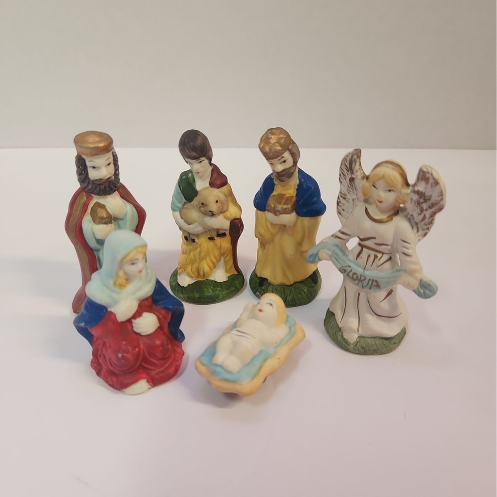 Ceramic Miniature Figurine Christmas Nativity 6 Piece Hand Painted VTG Religious